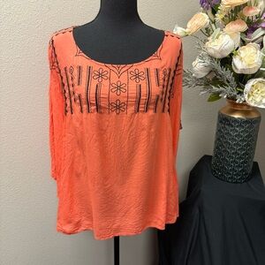 R Cinco Ranch Orange Embroidered Peasant Boho Top Tie Back Rayon Medium